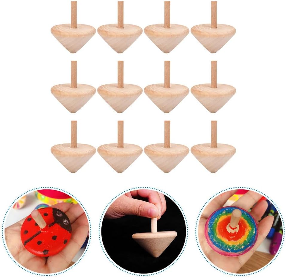 24 Pcs Natural Wooden Spinning Tops | Handcrafted Classic Wood Toys | Montessori Balance Game for Kids | DIY Paintable Tops | Educational Desk Fidget Toy