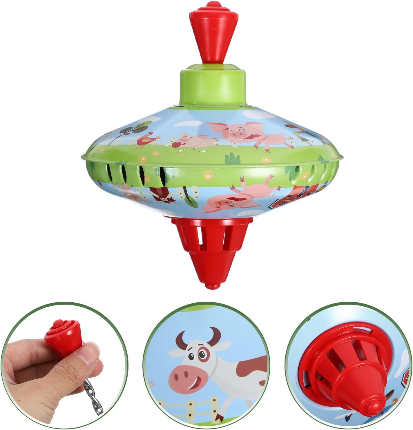 14cm Vintage Tin Spinning Top Toy with Sound | Classic Wind-Up Push Top for Kids | Farm Pig Design | 1PC