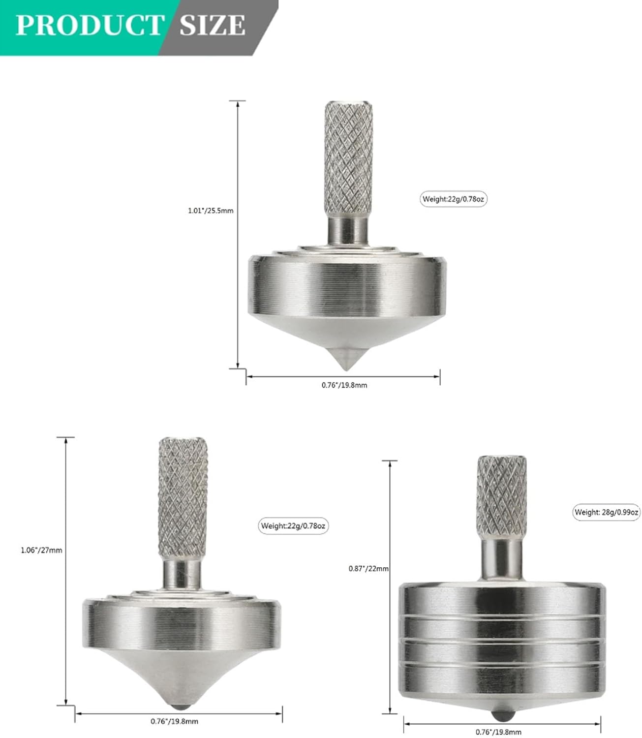 3-Pack Stainless Steel Precision Spinning Tops | CNC Machined Fidget Toys | Multiple Sizes (25.5mm/27mm/22mm) | Anti-Stress & Desktop Display Set