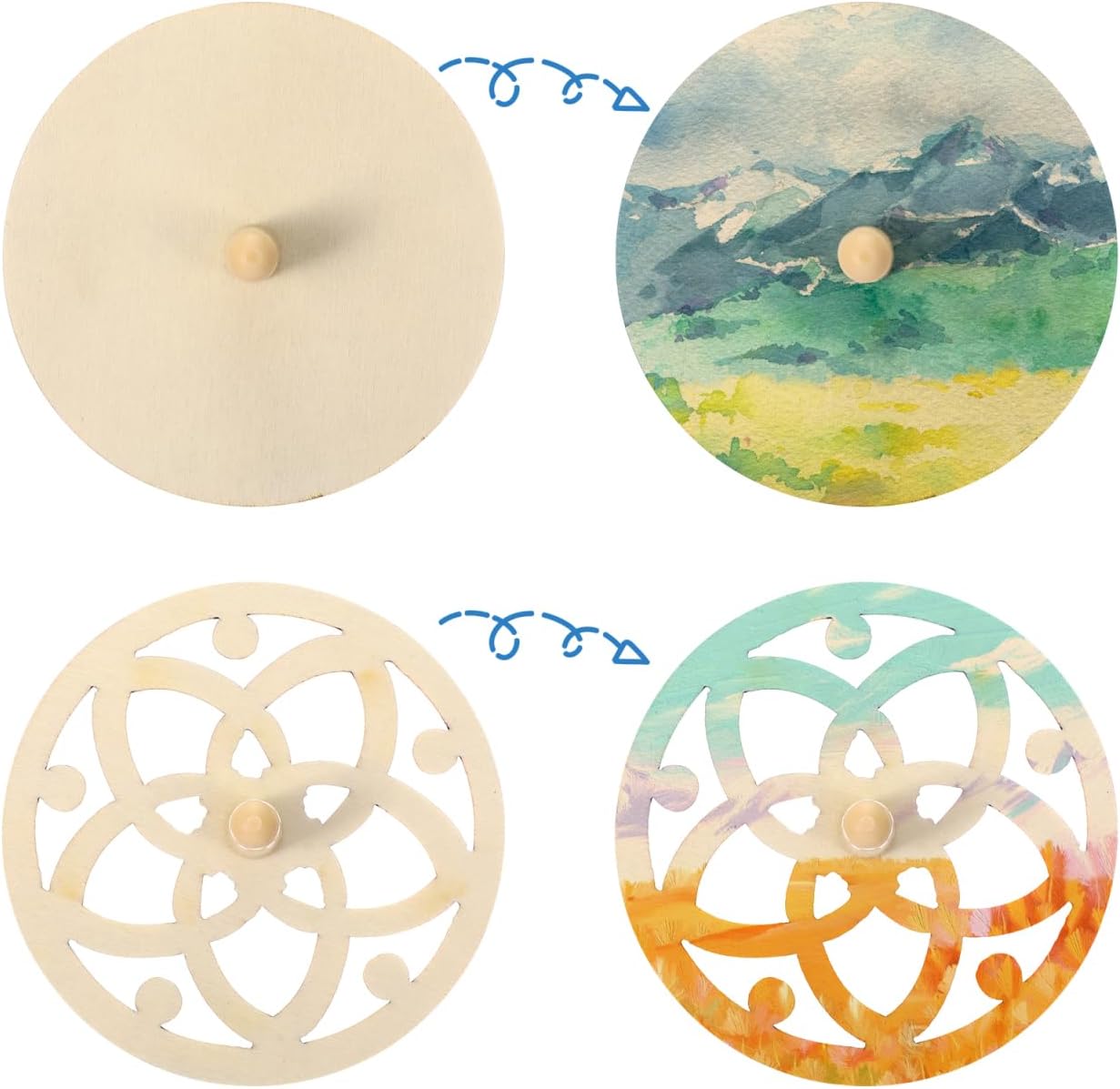 Wooden Pattern Spinning Tops (20-Pack) | DIY Blank Natural Wood Tops | 2.7in Diameter | Creative Toys for Kids, Painting Crafts, Party Activity