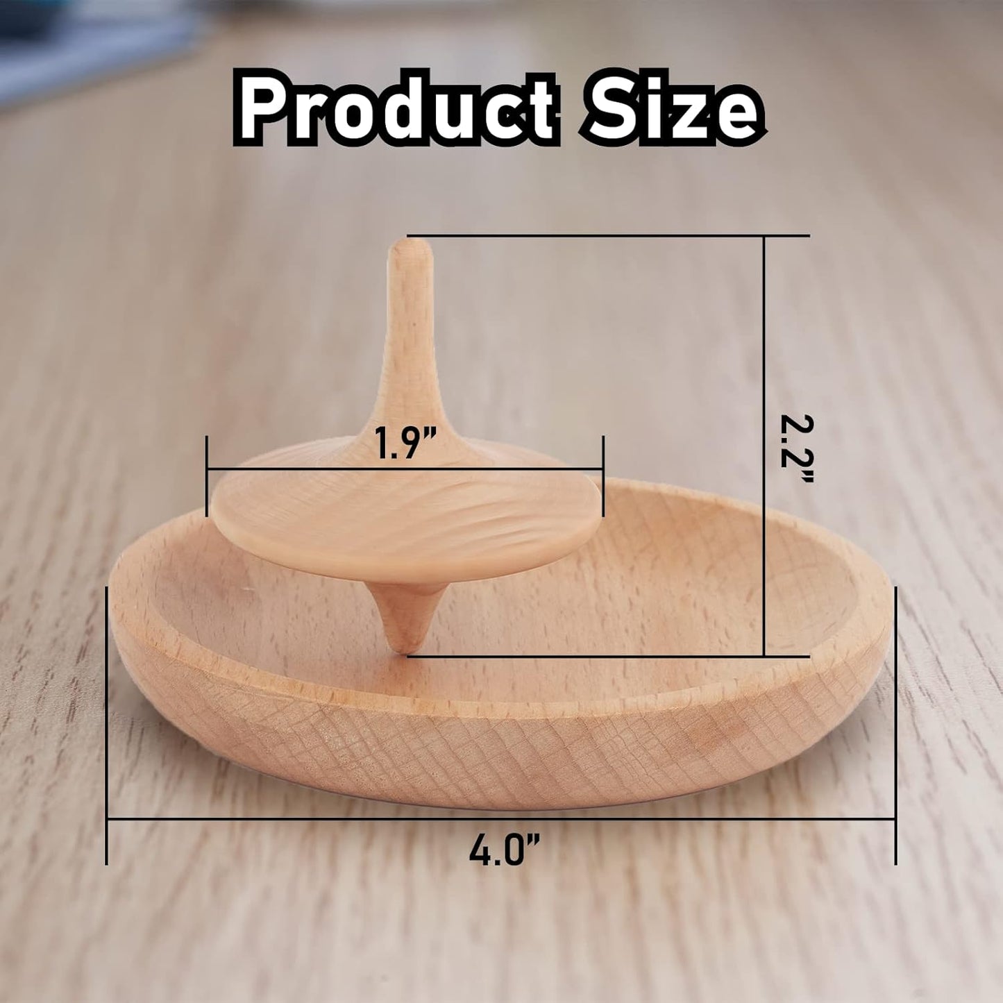 Natural Wood Spinning Top with Tray Set | Handcrafted Toy for Kids & Adults | 2.2in Tall Top + 4in Diameter Catch Bowl | Montessori Style