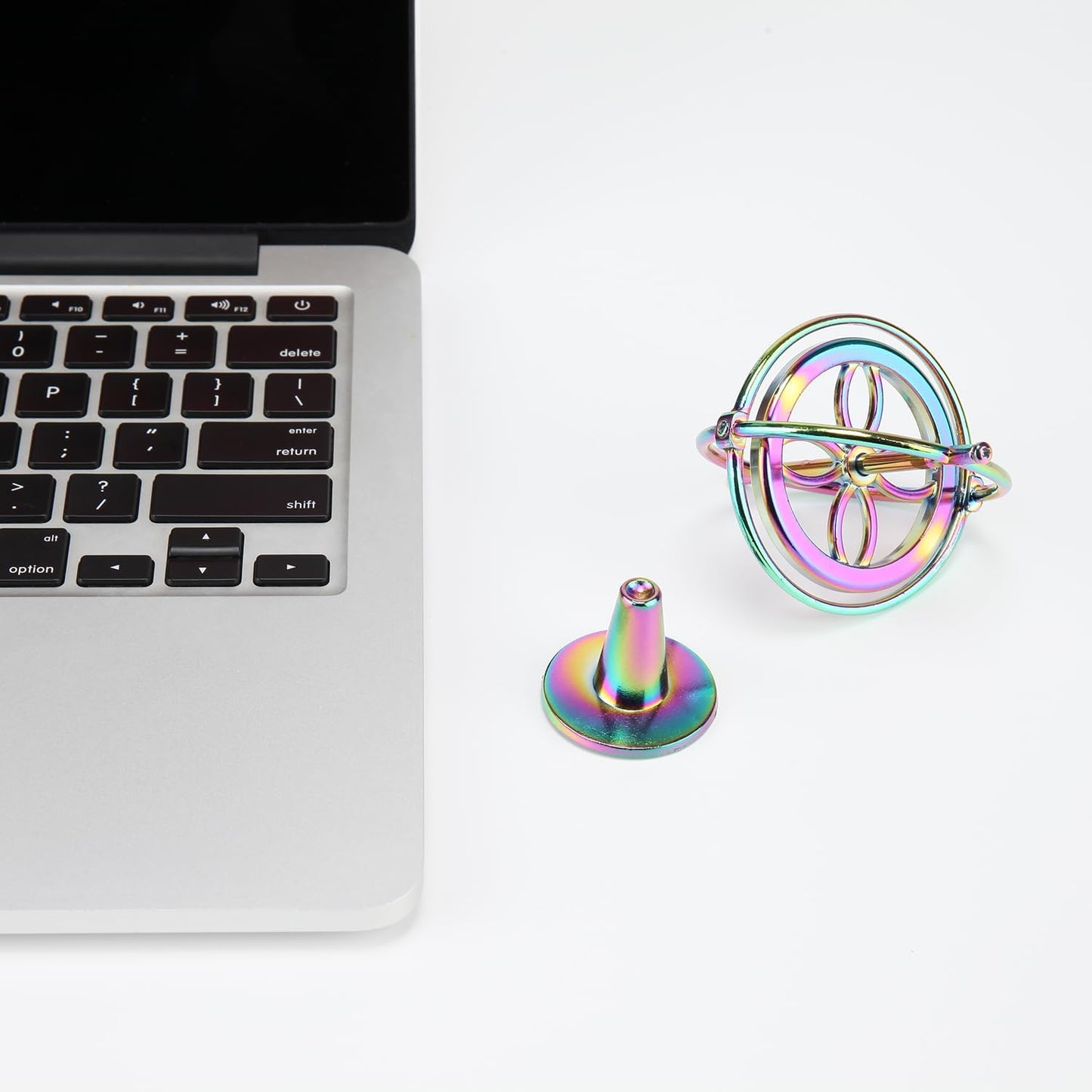 Rainbow Metal Gyroscope Toy | With Base, String & Key Rings | Physics Balance Spinning Top | Educational Science Gift & Desk Fidget Toy