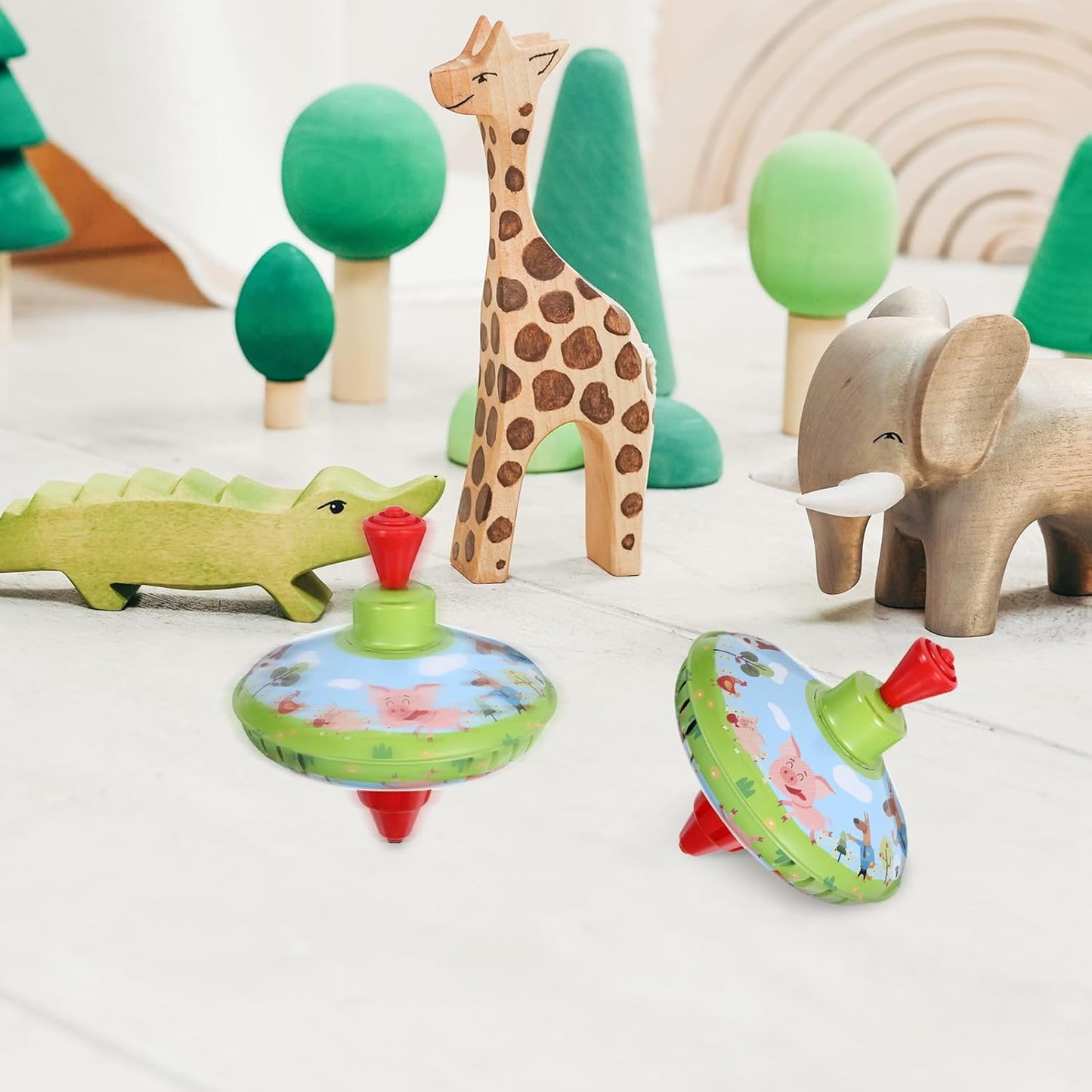 14cm Vintage Tin Spinning Top Toy with Sound | Classic Wind-Up Push Top for Kids | Farm Pig Design | 1PC