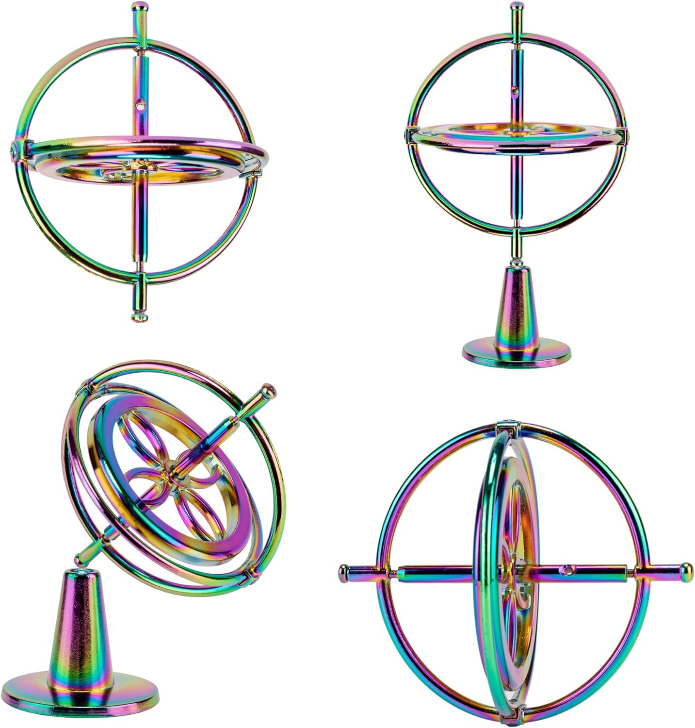 Rainbow Metal Gyroscope Toy | With Base, String & Key Rings | Physics Balance Spinning Top | Educational Science Gift & Desk Fidget Toy