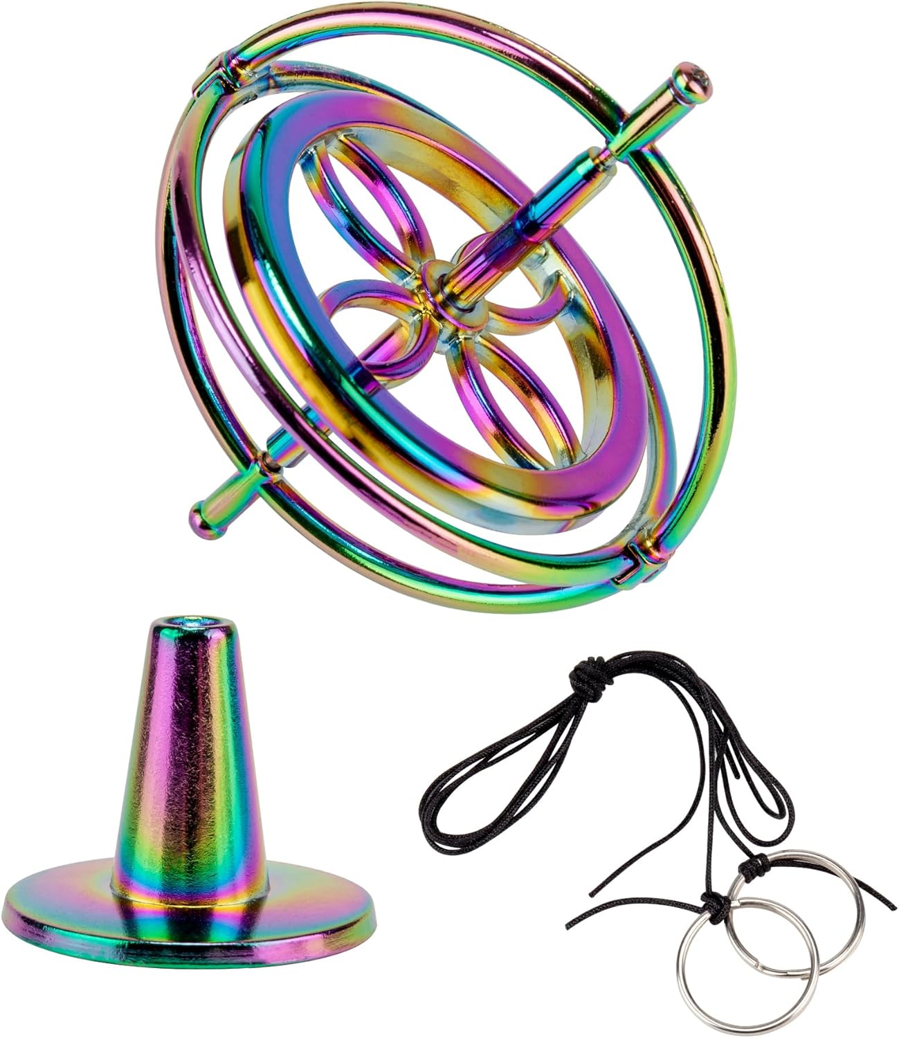 Rainbow Metal Gyroscope Toy | With Base, String & Key Rings | Physics Balance Spinning Top | Educational Science Gift & Desk Fidget Toy