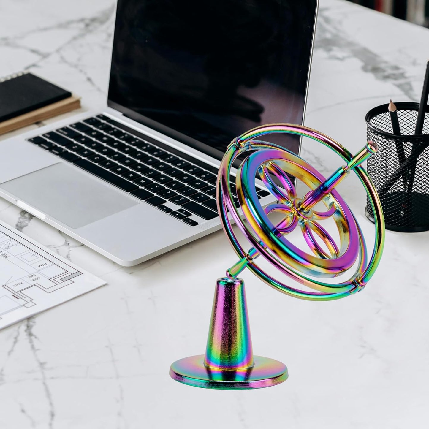 Rainbow Metal Gyroscope Toy | With Base, String & Key Rings | Physics Balance Spinning Top | Educational Science Gift & Desk Fidget Toy