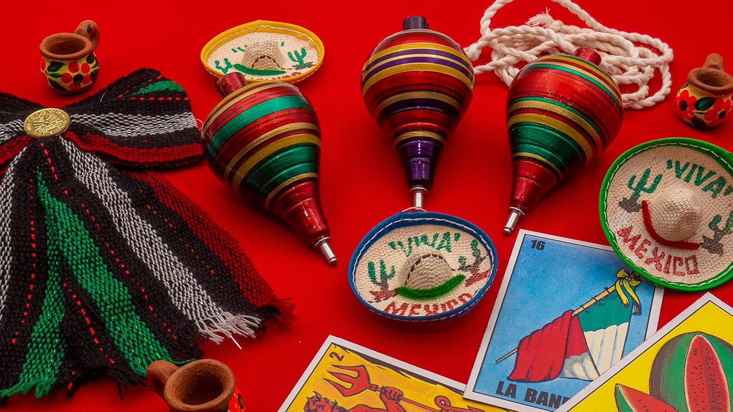 3-Pack Traditional Wooden String-Spin Tops | Hand-Painted Colorful Striped Design | 3.66in Classic Toy for Kids & Adults | Retro Physics Play