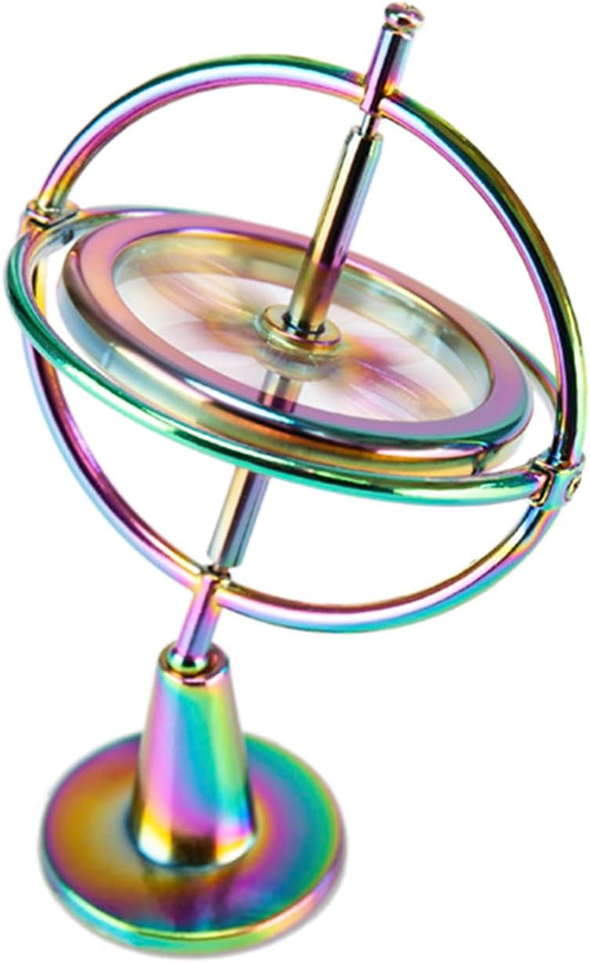 Rainbow Metal Gyroscope Toy | With Base, String & Key Rings | Physics Balance Spinning Top | Educational Science Gift & Desk Fidget Toy