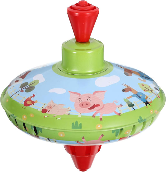 14cm Vintage Tin Spinning Top Toy with Sound | Classic Wind-Up Push Top for Kids | Farm Pig Design | 1PC