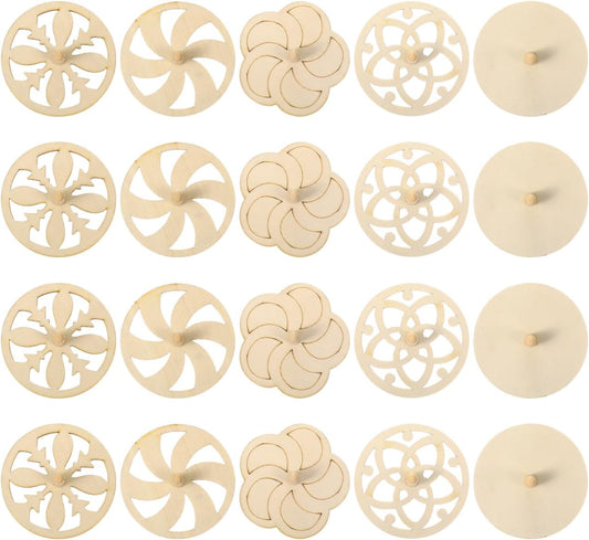 Wooden Pattern Spinning Tops (20-Pack) | DIY Blank Natural Wood Tops | 2.7in Diameter | Creative Toys for Kids, Painting Crafts, Party Activity