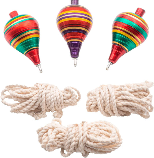 3-Pack Traditional Wooden String-Spin Tops | Hand-Painted Colorful Striped Design | 3.66in Classic Toy for Kids & Adults | Retro Physics Play