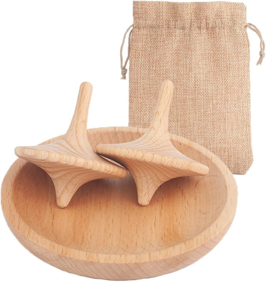 Natural Wood Spinning Top with Tray Set | Handcrafted Toy for Kids & Adults | 2.2in Tall Top + 4in Diameter Catch Bowl | Montessori Style
